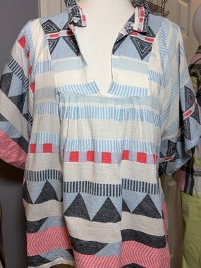 Geometric Peasant Blouse in Blue, white & Pink